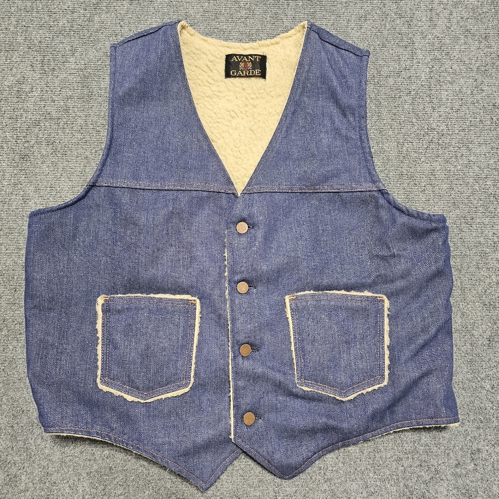 70s True Vintage Avante Guard Denim Sherpa Lined Vest Mens XL Western Farm USA